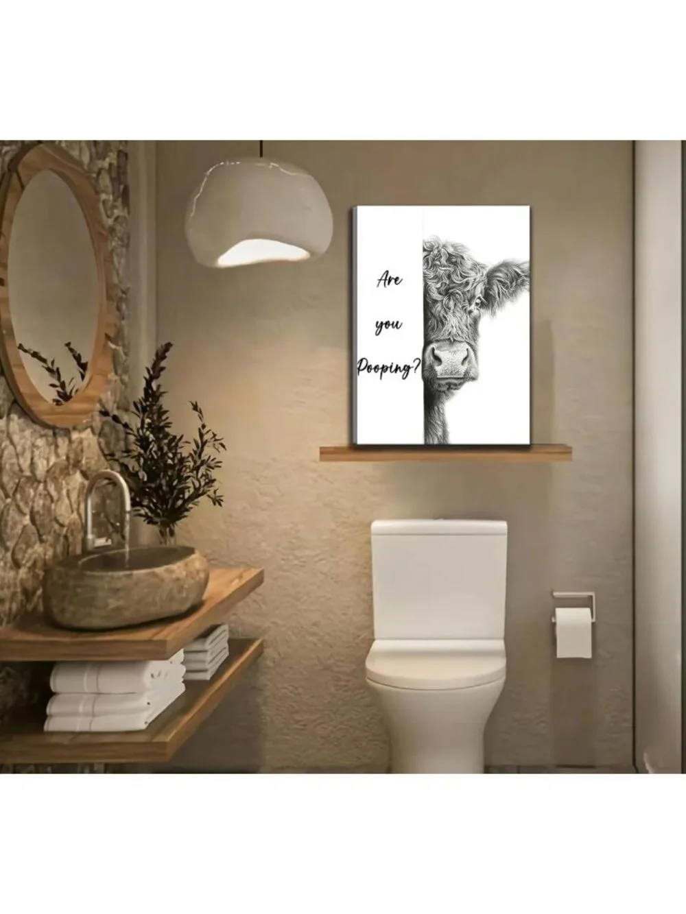 Cute Highland Cow Bathroom Wall Art - Funny Black & White Animal Decor Print